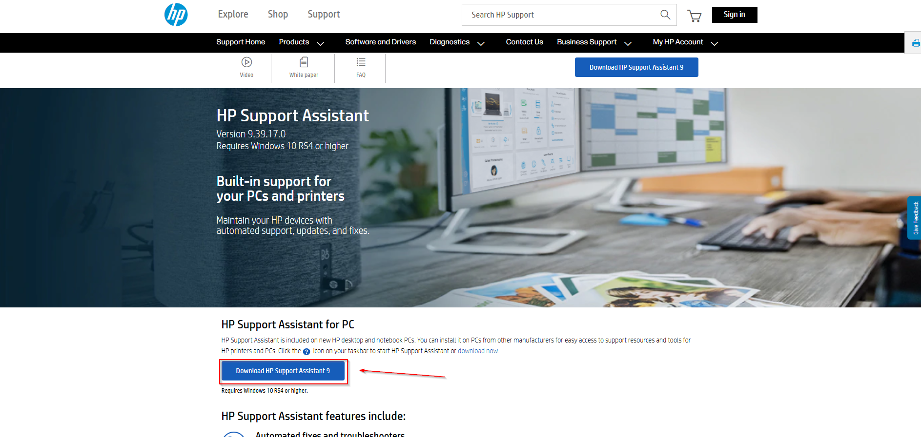 Downloading HP Support Assistant from HP support site